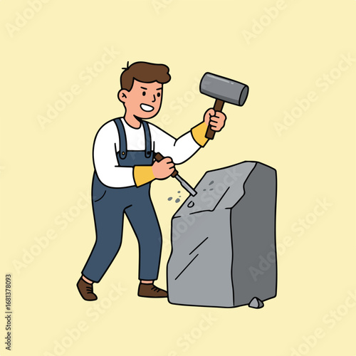 Man Chiseling Stone with Hammer in Workshop