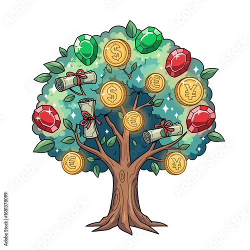 A glowing cartoon money tree vector in fantasy style, isolated on white. Clear lines and modular design, perfect for symbolizing wealth, magic, and financial growth.