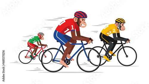 Monkey Cyclists in a Race: A dynamic illustration captures the competitive spirit of cycling, featuring three monkeys racing with determined expressions and vibrant team colors