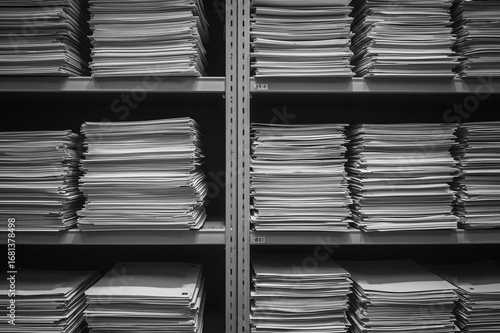 Stacked paperwork stored in...