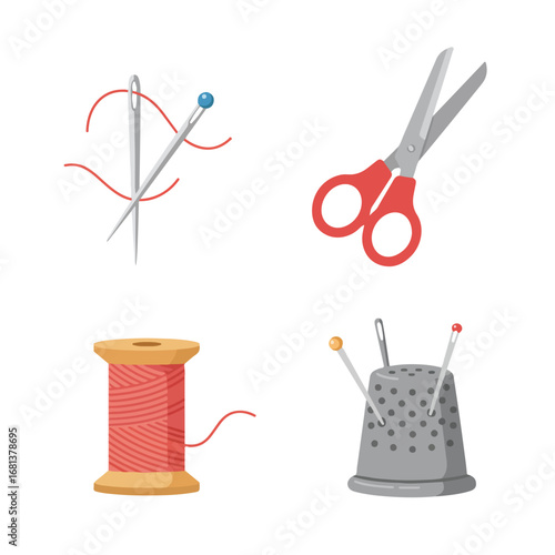 Sewing Items Collection Needle, Scissors, Thimble, Thread Spool on White
