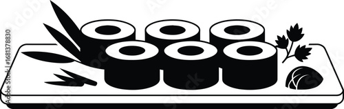 Simple black and white illustration of sushi rolls on a rectangular plate