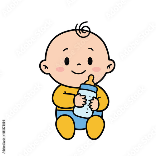 Baby Holding a Milk Bottle, Smiling on a White Background