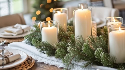 Elegant Table Setting with Lit Candles and Evergreen Garland