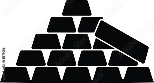 Pyramid stack of black gold bullion bars with one bar leaning