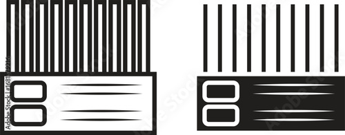 Barcode icon with label boxes in black and white. Simple flat vector illustration representing product code, scanning, price tag, identification, and retail concept.
