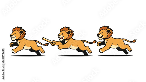 The Lion Run: A vibrant illustration showcasing the exciting run of three lions carrying a stick, symbolizing teamwork and cooperation, captures dynamic action and energy.