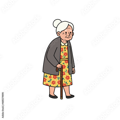 Grandma walks slowly down the street using a walking cane