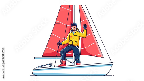 Sailing the Seas: An adventurous person with a joyous expression takes the helm of a sailboat, navigating the vastness of the sea and embracing the freedom and excitement of the open water.