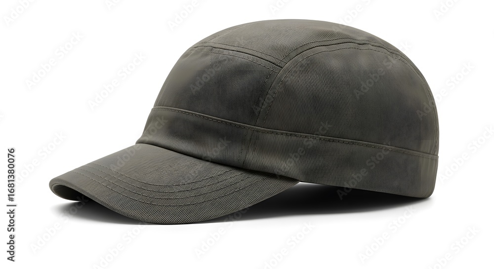 Fototapeta premium Stylish Dark Olive Green Suede Baseball Cap with Brim, Textured Fabric Headwear Isolated on White Background