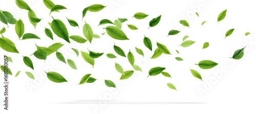 Many small, vibrant green leaves appear to be floating or falling against a white background