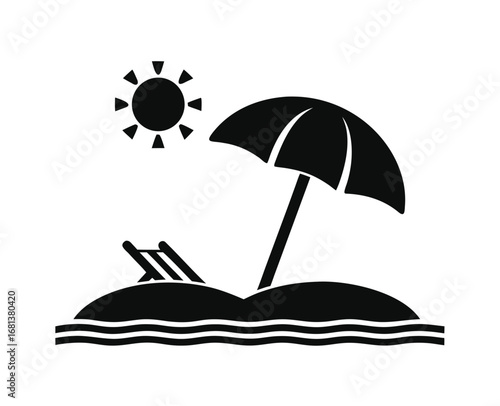 Beach Vacation Icon: Simple Black Silhouette of Sun, Umbrella, and Lounger on Island