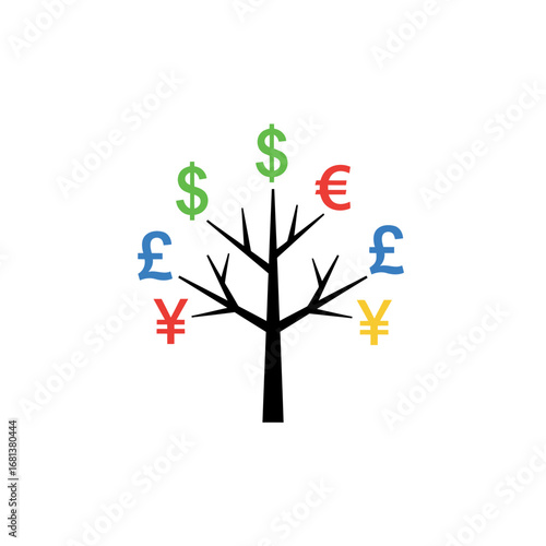 A minimalist vector money tree with colorful currency symbols. A clean, modern icon for finance, global investments, and business-related concepts.