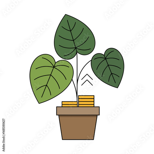 A minimalist vector illustration of a money plant in a pot, with subtle coins. A clean, modern symbol for financial investment, growth, and prosperity concepts.