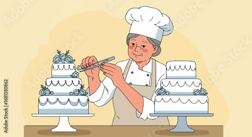 Woman decorating wedding cake with flower in the bakery shop (Illustration)