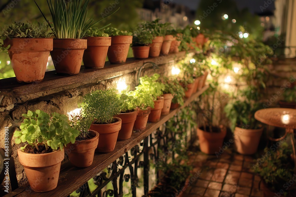 Fototapeta premium Cozy Urban Balcony Garden with Potted Herbs and Soft Lighting