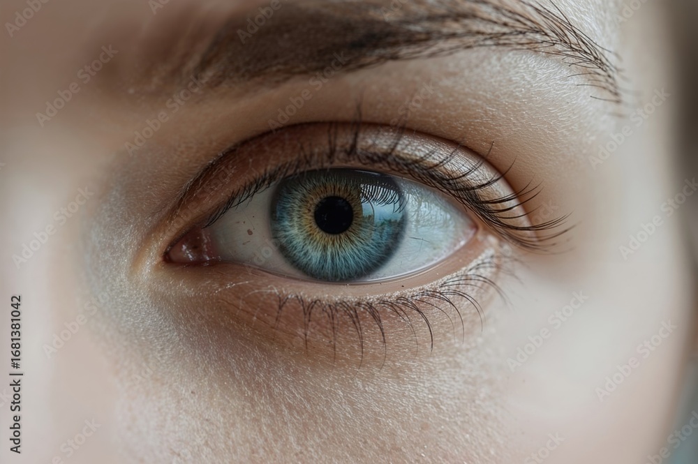 Obraz premium Close-up of a flawless blue eye in a clean setting with ultra-high 6k resolution, symbolizing future insight and wellness. Focused gaze aiming directly at the goal.