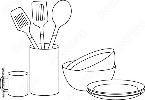 Simple line drawing of kitchen utensils and bowls on a white background