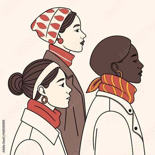 Diverse women profile illustration with elegant headscarves and scarves in autumnal colors