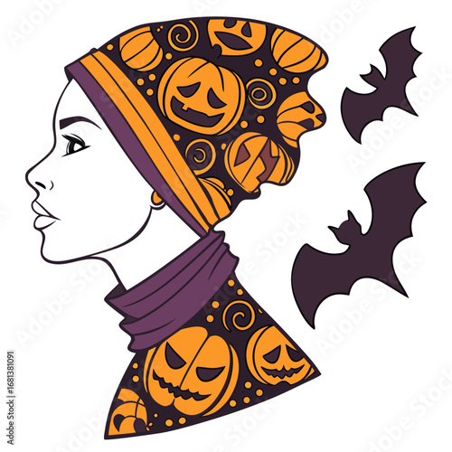 Stunning Halloween portrait with pumpkins and bats, a chic and spooky seasonal vibe for your design