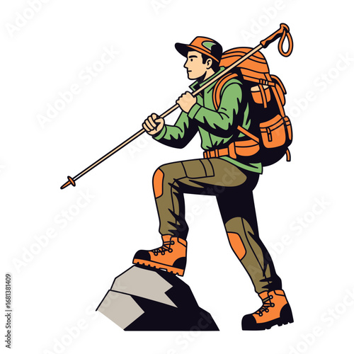 Trailblazer: A bold explorer with a well-worn backpack and trekking poles ascends a rocky summit, embarking on a solo hiking adventure.