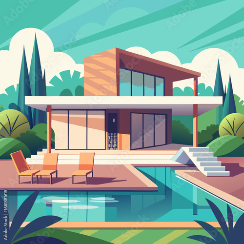 Modern flat design villa with poolside lifestyle vector illustration scalable eps