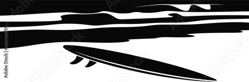 Black and white silhouette of a surfboard on the beach with stylized waves