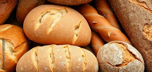 Assortment of crusty bread rolls, baguettes, and sourdough loaves,   yeast,   baking