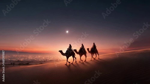 Three wise men ride camels through a vast golden desert at dawn, guided by a brilliant star overhead in the serene sky.
