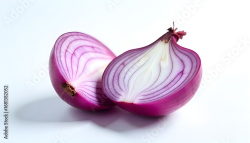 A halved red onion isolated on a clean white background, studio lighting, sharp focus, showcasing the intricate layers and textures.