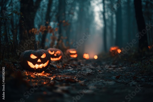 Spooky Halloween Jack-o'-Lanterns in Foggy Forest