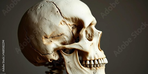 Pale, weathered skull in profile, intricate detail visible,   frontal bone,   parietal bone