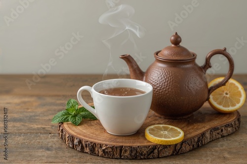 Wallpaper Mural Tea with lemon and mint being poured from a teapot into a cup on a wooden surface Torontodigital.ca