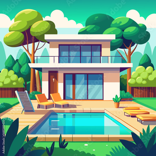 Modern villa cartoon with poolside relaxation lush greenery and sunny sky vector illustration