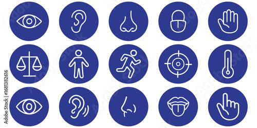 Human senses and perception diagram sensory system outline. Vision eye, smell nose, hearing ear, touch hand, taste mouth with tongue. Simple line icons in circle. Vector illustration.