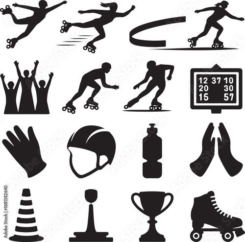 Rollerblading sports icons and equipment silhouettes Keywords: rollerblading, inline skating
