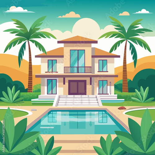 Luxury villa estate with tropical pool and palm trees flat design vector illustration