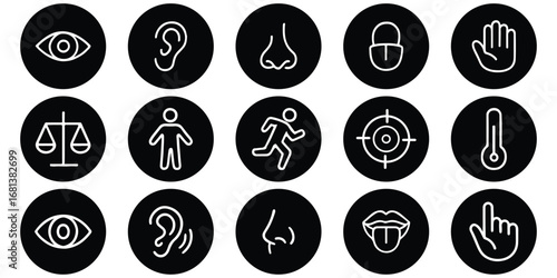 Human senses and perception diagram sensory system outline. Vision eye, smell nose, hearing ear, touch hand, taste mouth with tongue. Simple line icons in circle. Vector illustration.