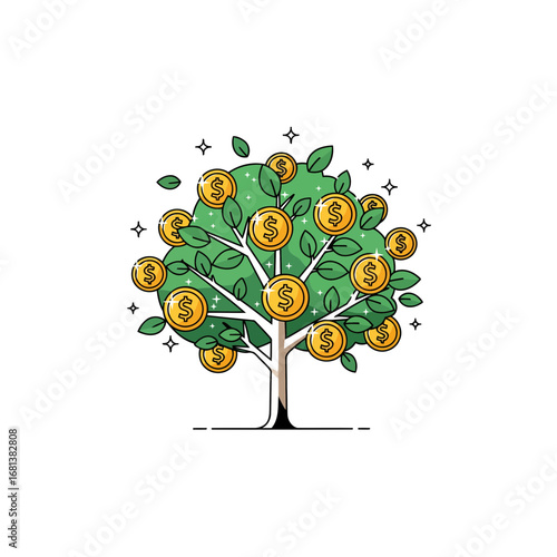 A minimalist vector of a magical money tree with a clean design. Great for representing wealth, investment, and enchanting financial themes in your business projects.