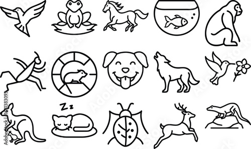 Vector art of collection of various animal illustrations in black outline on a, including birds, mammals, reptiles, and insects