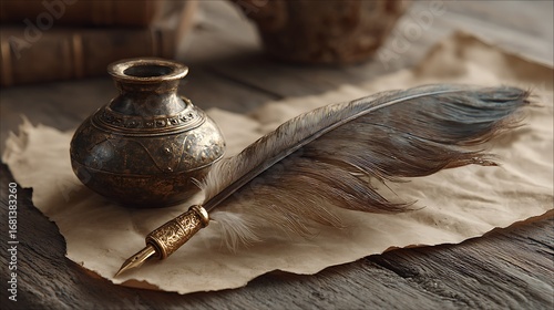 Vintage feather quill and brass ink pot resting on soft beige blank parchment