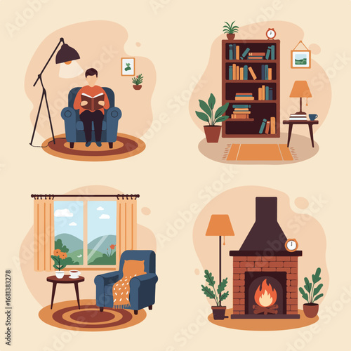 Relaxation Illustration Reading, Bookcase, Window, Fireplace in Rooms