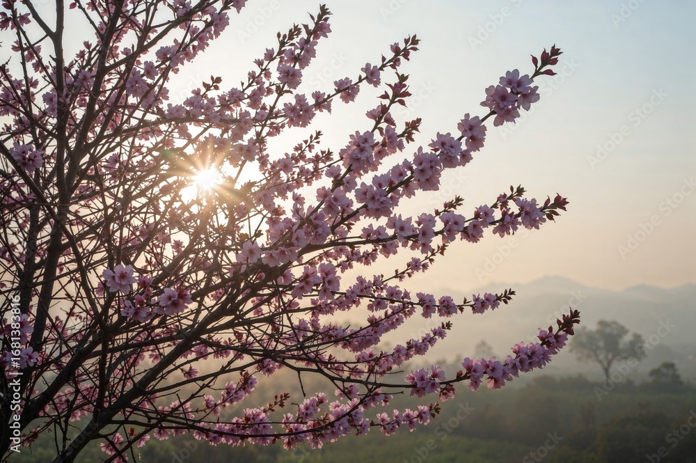 Fototapeta premium Morning garden adorned with pink cherry blossoms