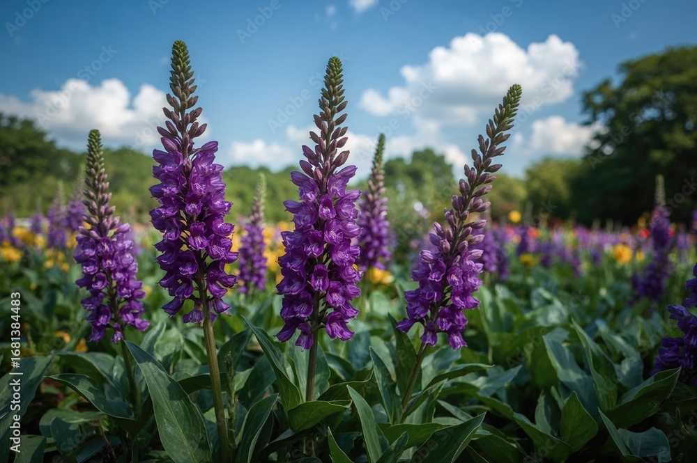 Fototapeta premium Vibrant purple blossoms in a lush garden setting during summer