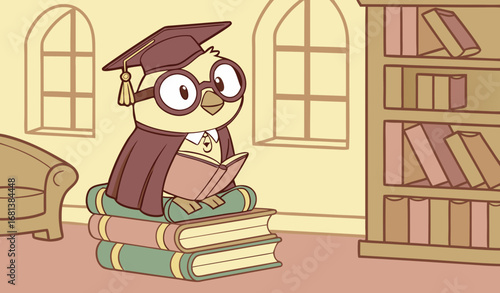 An owl wearing graduation robes and glasses, sitting on a stack of books in a cozy library, warm lighting, photorealistic and educational stock image style."