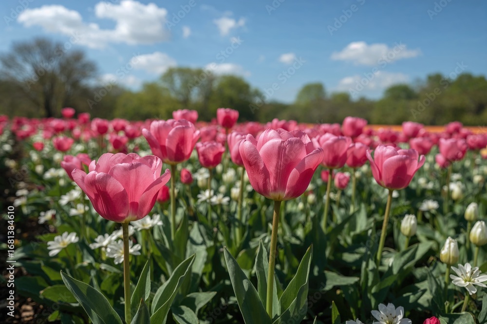 Fototapeta premium Vibrant Pink Tulips Blooming Amid Lush Greenery in Summer Garden