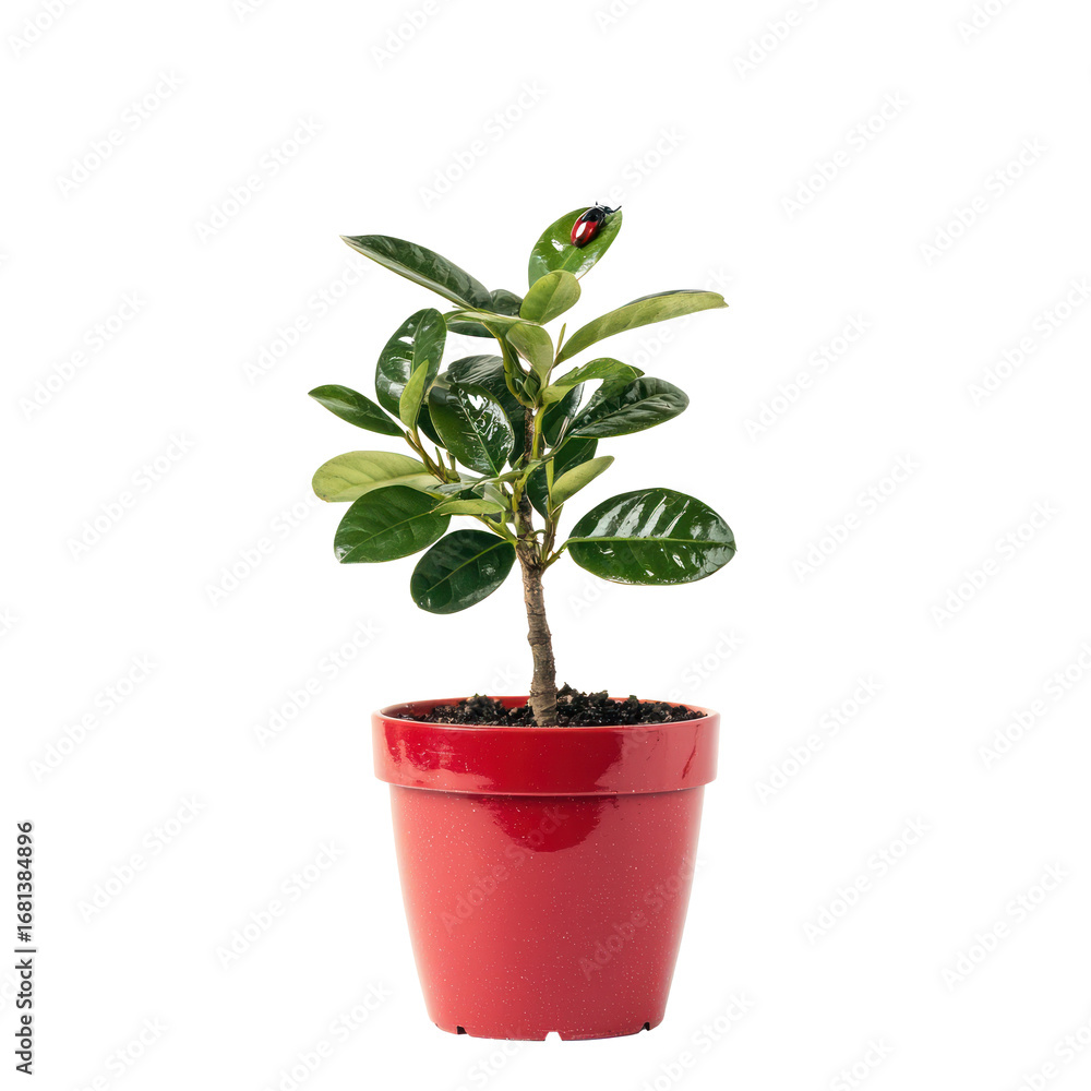 Obraz premium A small green plant with a ladybug on it in a red pot on a transparent background