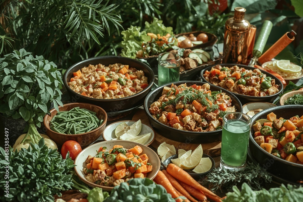 Fototapeta premium A lively celebration featuring a diverse selection of colorful, nutritious dishes set against a natural backdrop.
