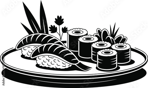 Black and white illustration of a sushi platter with shrimp nigiri and maki rolls