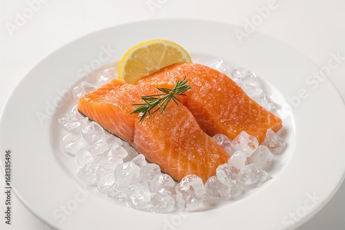 Raw salmon portions on ice ...